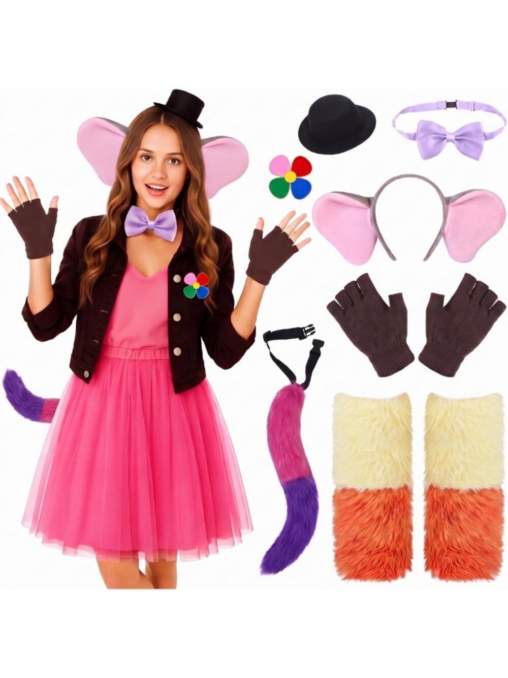 7 Pcs Adult Pink Elephant Halloween Costume Set - Fun Party Outfit & Accessories